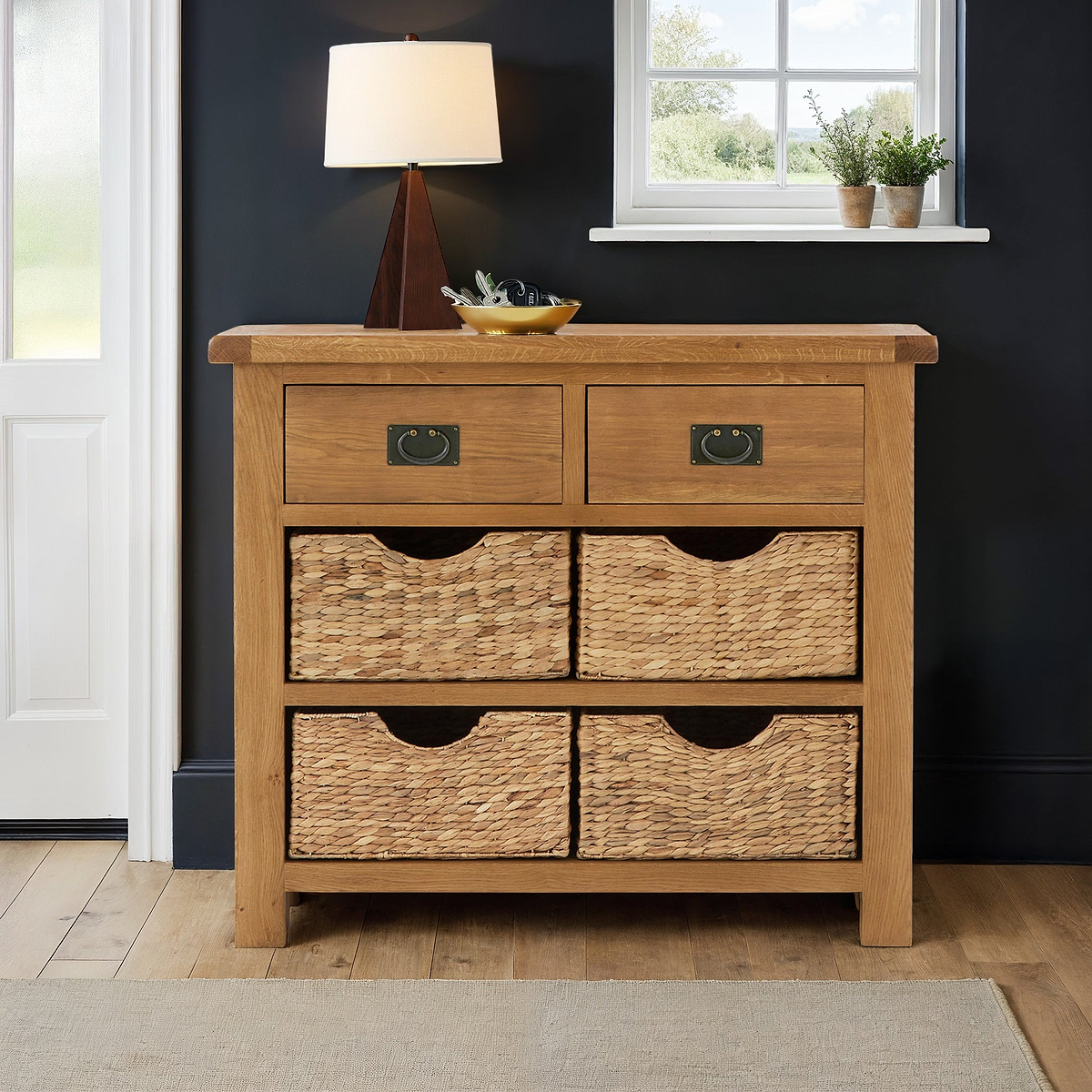 Zelah Oak Small Sideboard with Baskets from Roseland Furniture