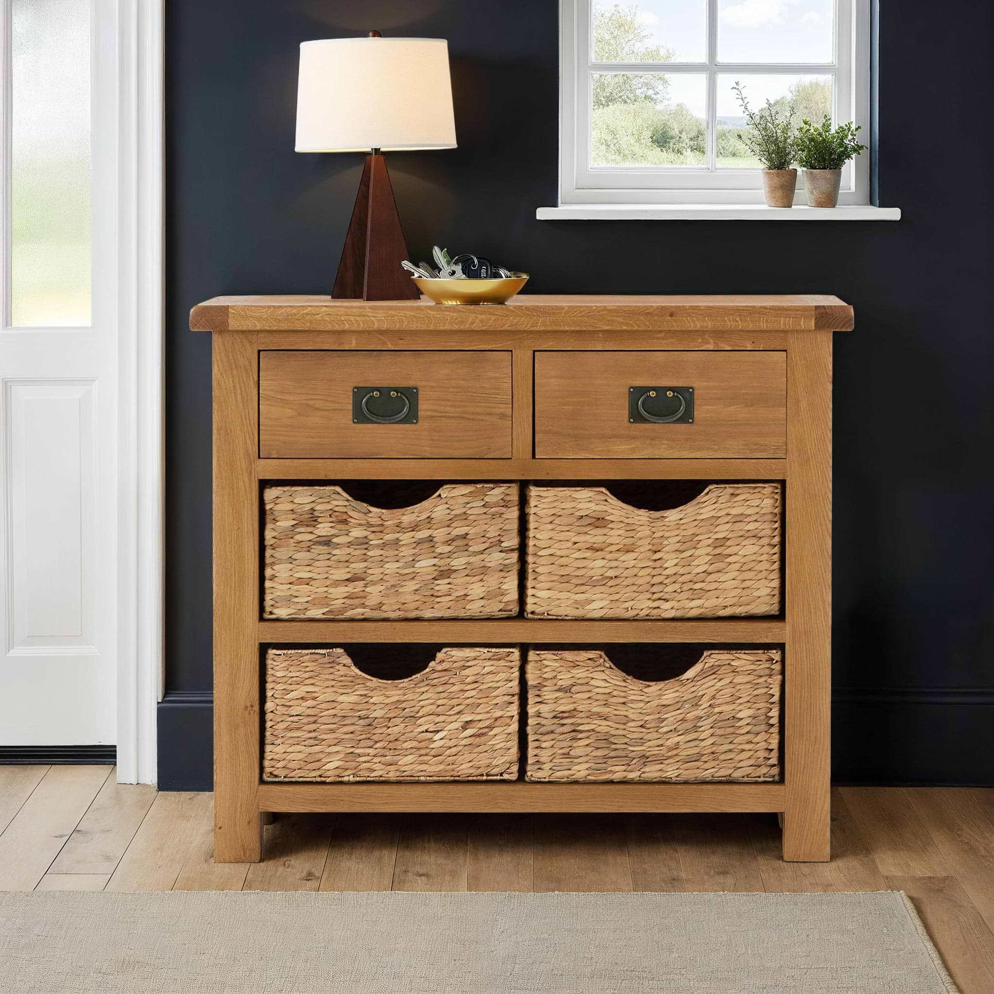 Zelah Oak Small Sideboard with Baskets from Roseland Furniture