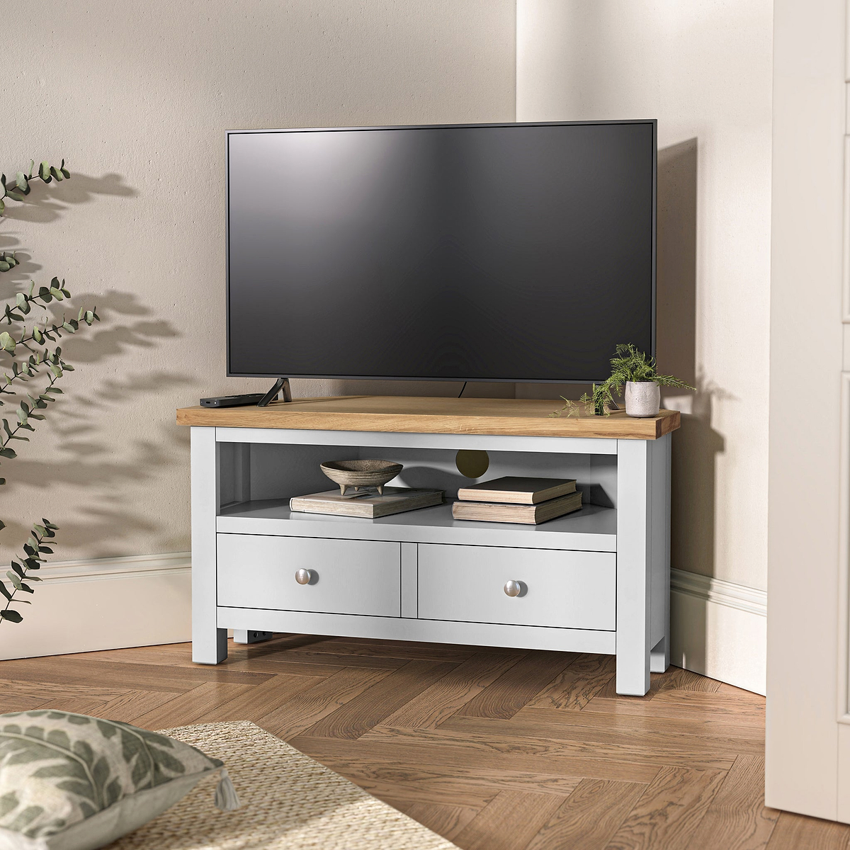 Farrow Grey Corner TV Stand by Roseland Furniture - Lifestyle Shot