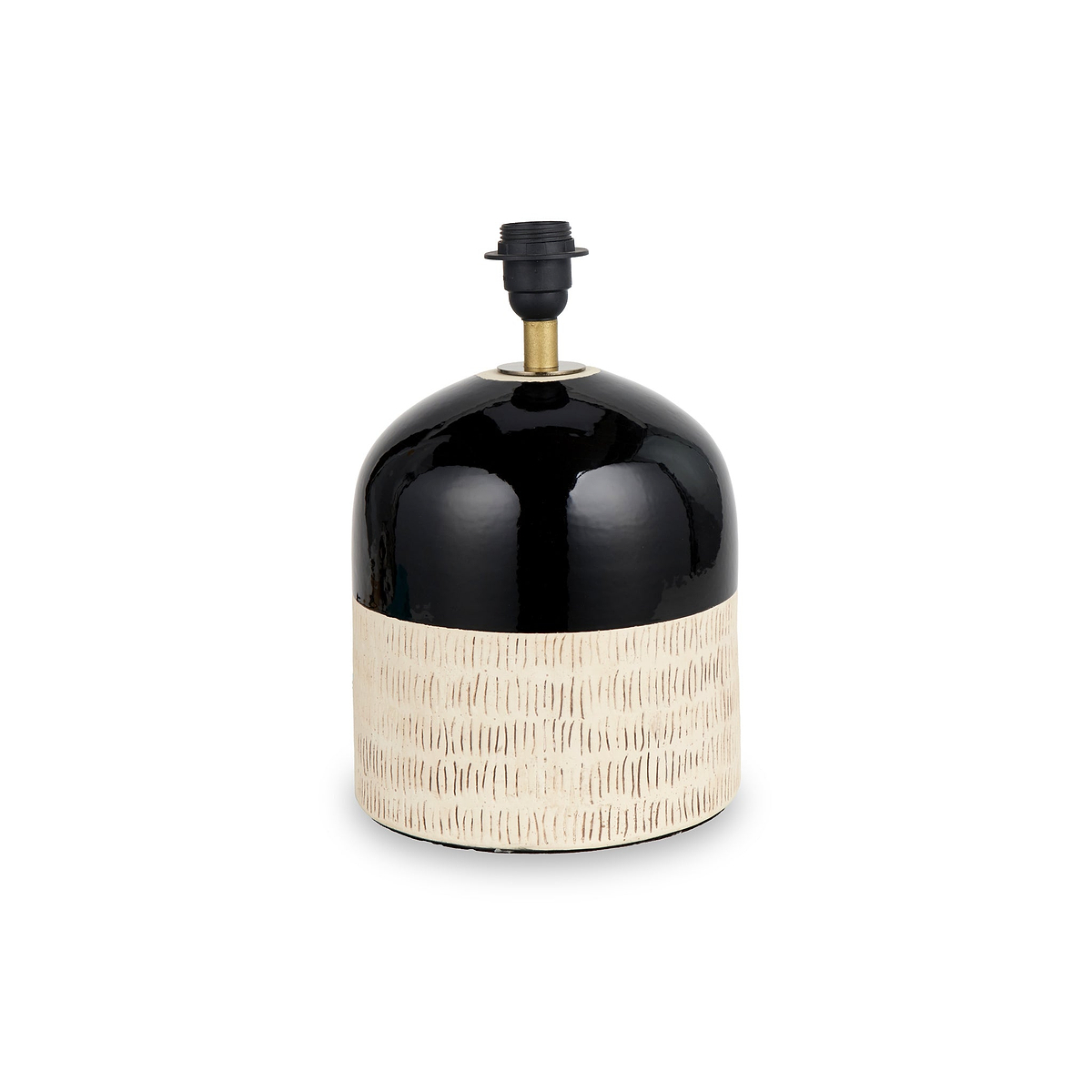 A black and beige lamp base stands centrally, featuring a glossy top half and a textured lower section, isolated against a white background.