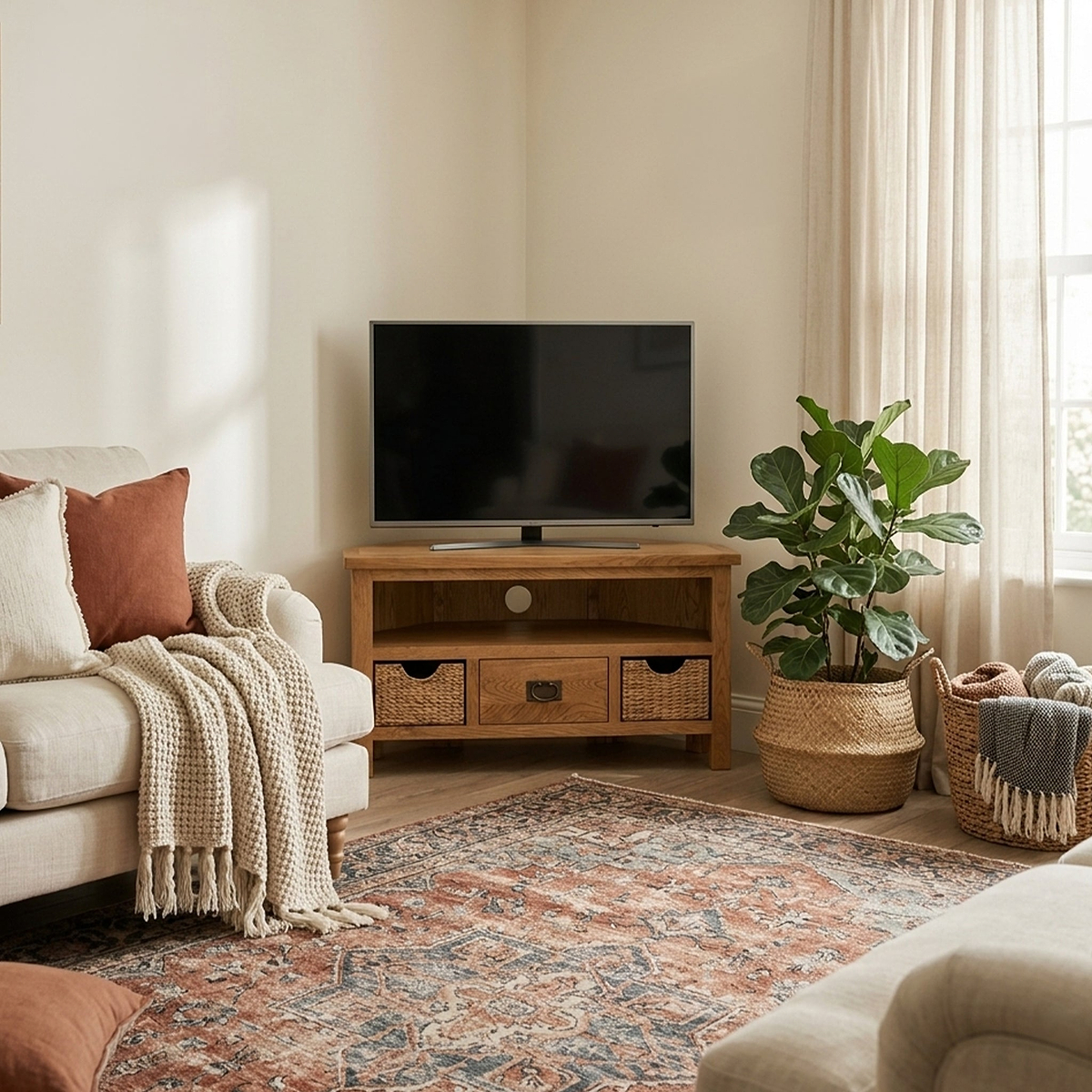Surrey Oak Corner TV Stand with Baskets by Roseland Furniture