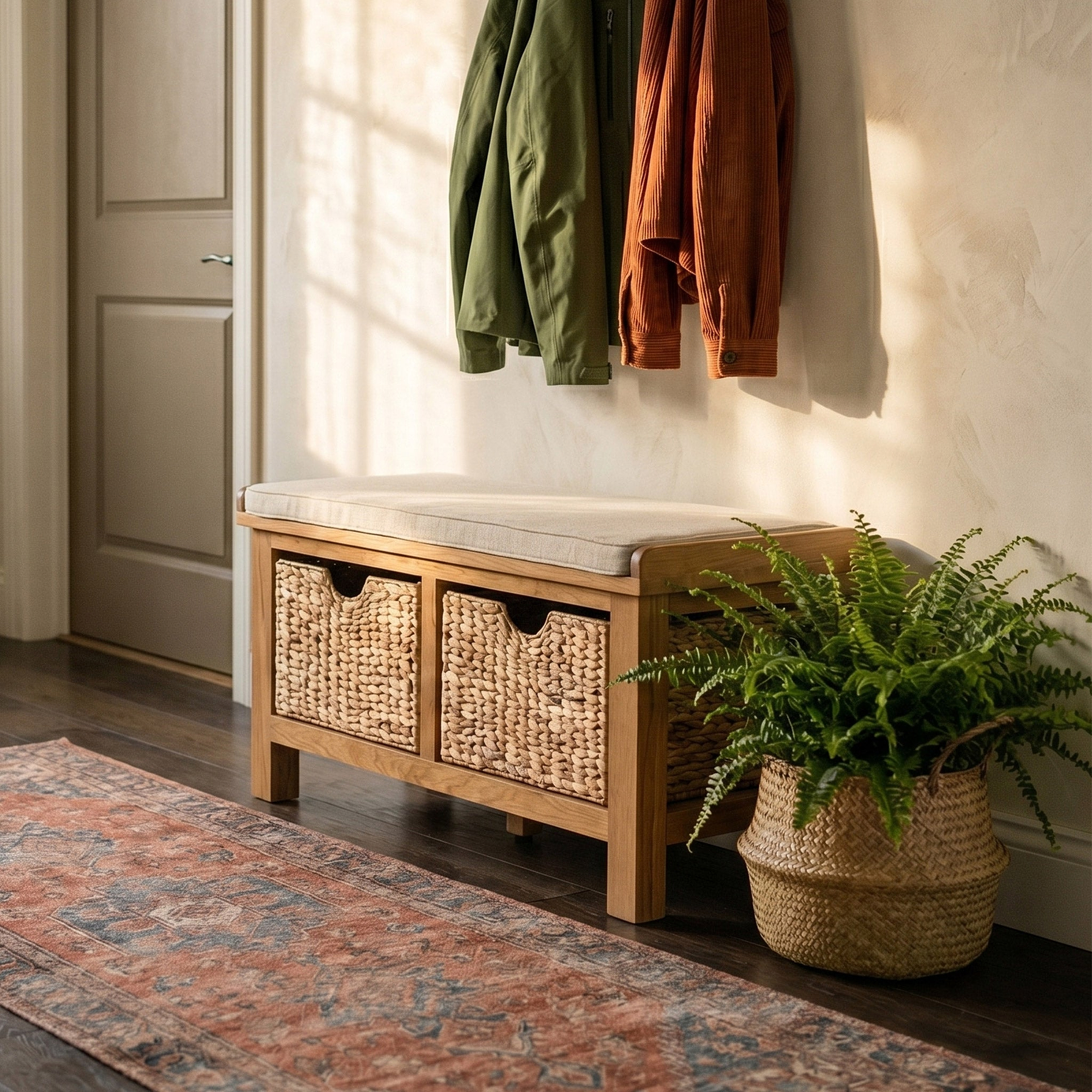 Surrey Oak Hall Bench with Baskets by Roseland Furniture