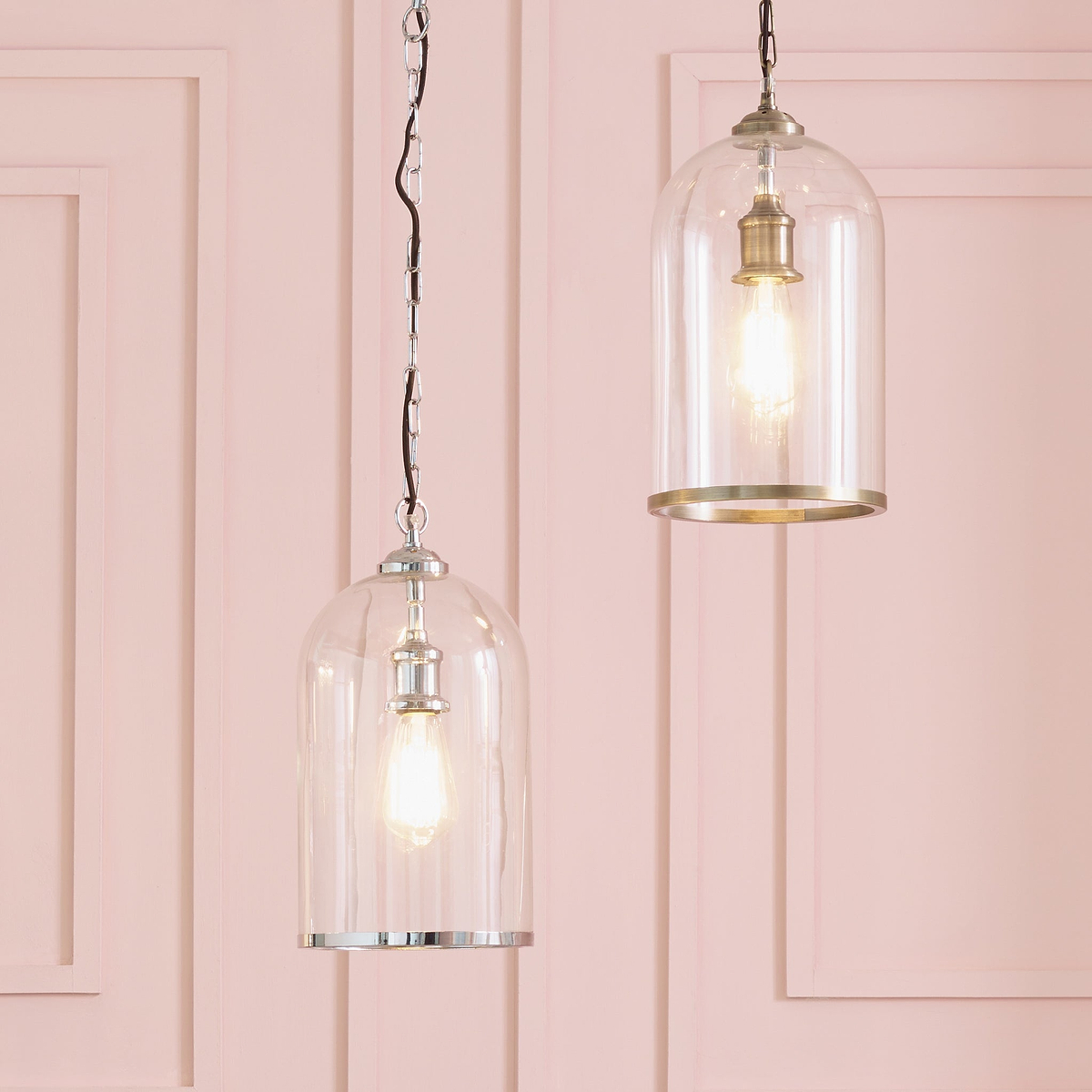 Cloche Clear Glass and Antique Brass Rimmed Pendant for Living Room