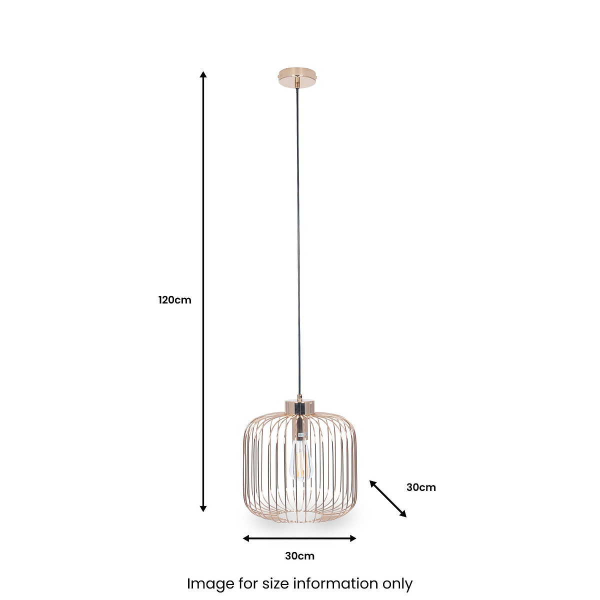 A pendant light with a cylindrical metal cage design, hanging from a ceiling fixture, is shown with dimensions: 120cm vertical drop, 30cm diameter. Text states "Image for size information only".