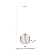 A pendant light with a cylindrical metal cage design, hanging from a ceiling fixture, is shown with dimensions: 120cm vertical drop, 30cm diameter. Text states "Image for size information only".