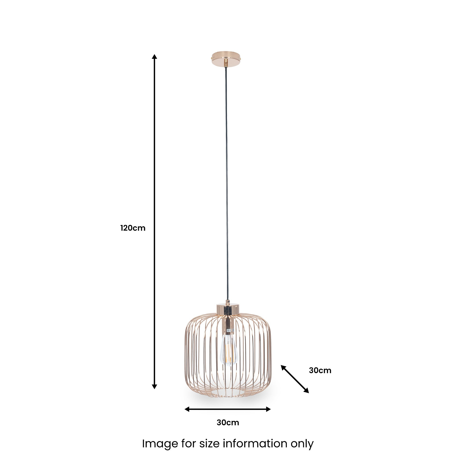 A pendant light with a cylindrical metal cage design, hanging from a ceiling fixture, is shown with dimensions: 120cm vertical drop, 30cm diameter. Text states "Image for size information only".