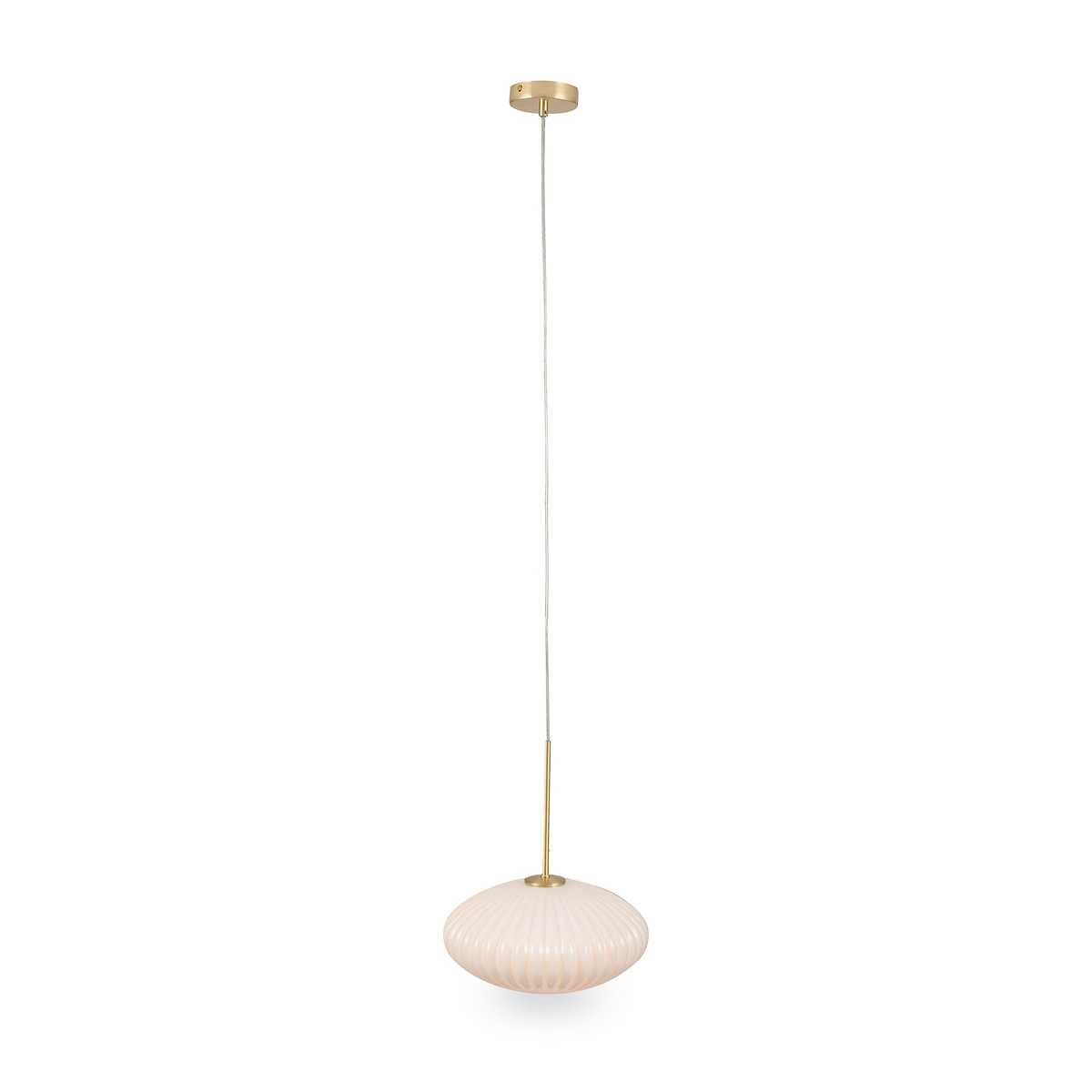 Emilia White Glass and Gold Metal Ribbed Oval Pendant from Roseland Furniture