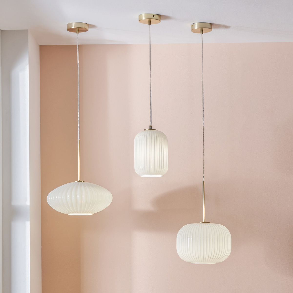 Emilia White Glass and Gold Metal Ribbed Oval Pendant