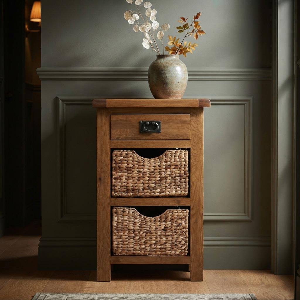 Zelah Oak Telephone Table with Baskets by Roseland Furniture