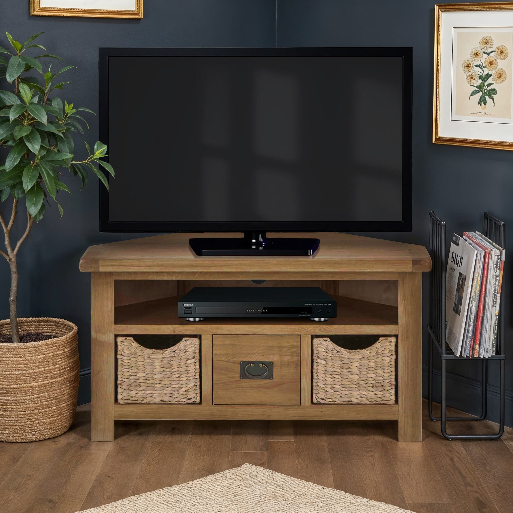 Zelah Oak Corner TV Stand with Baskets | Roseland