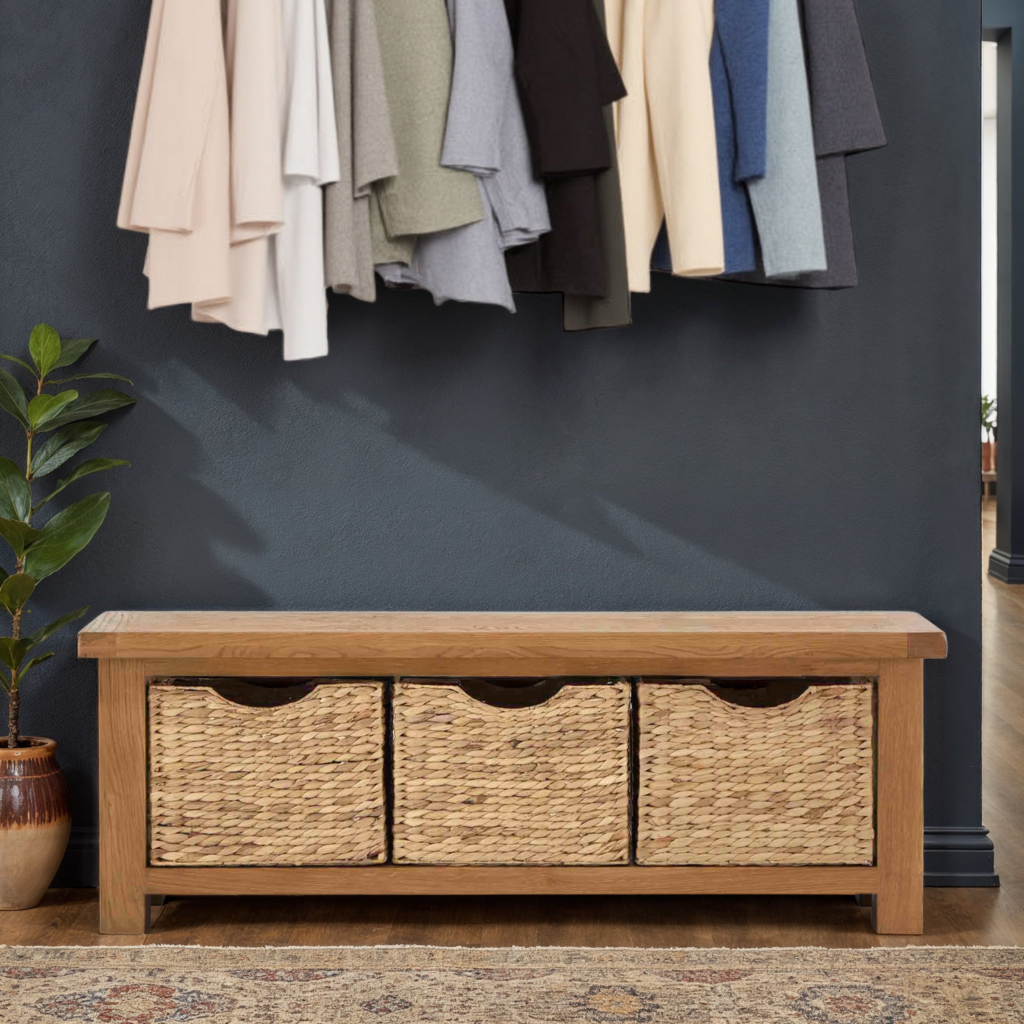 Zelah Oak Hallway Bench with Baskets | Roseland