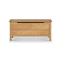 A wooden storage bench with a single drawer, situated against a plain white background.