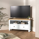 Farrow White Corner TV Stand by Roseland Furniture - Lifestyle Shot