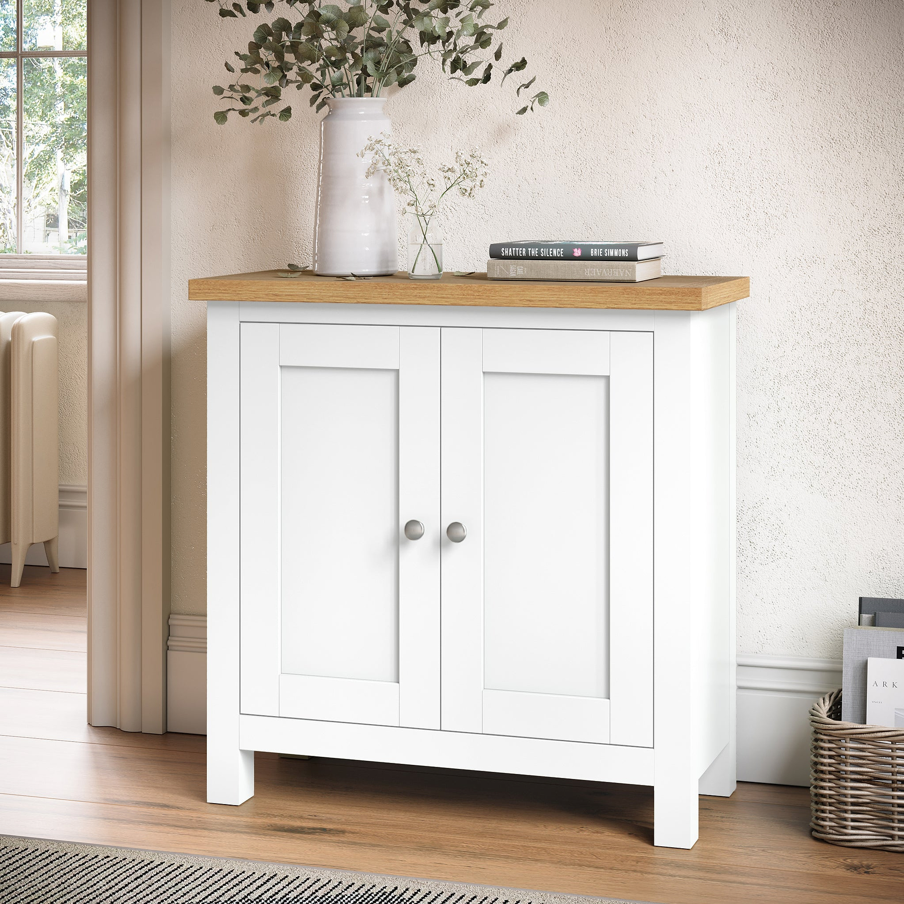 Farrow White Mini Cupboard from Roseland Furniture - lifestyle shot