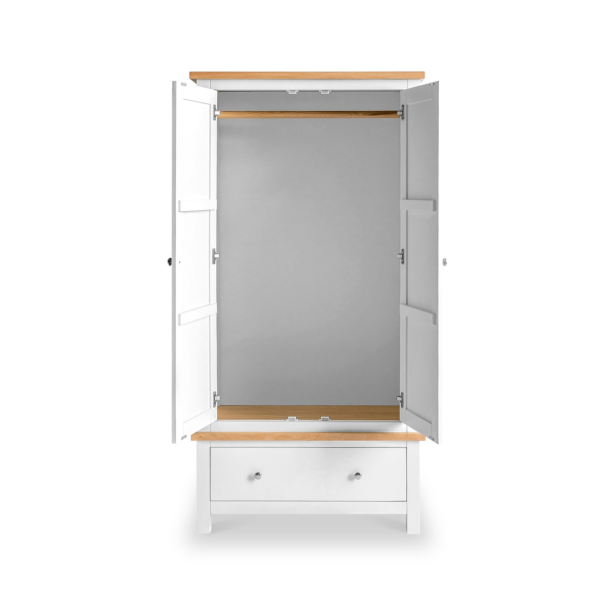 Farrow White 2 Door Double Wardrobe with open doors and wooden hanging rail
