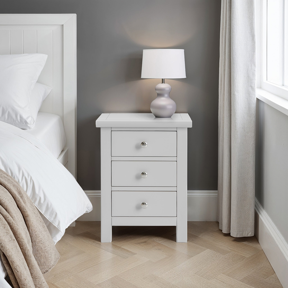 Cornish Dove Grey 3 Drawer Bedside Table from Roseland Furniture