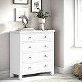 A white wooden dresser with seven drawers, each featuring a simple round knob, stands isolated against a plain background.