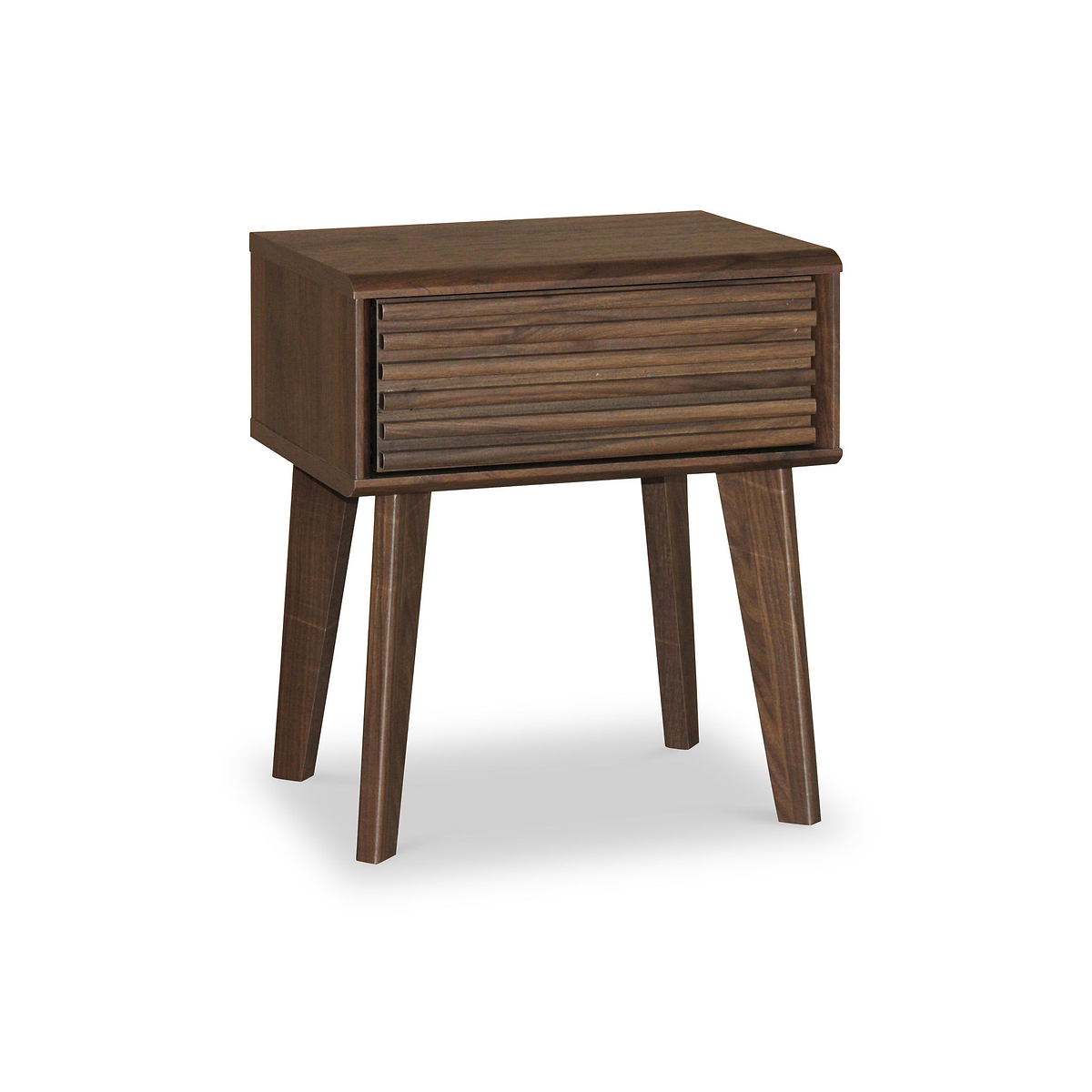 A dark wooden bedside table with a single, horizontally ribbed drawer, supported by four slanted legs, isolated against a white background.