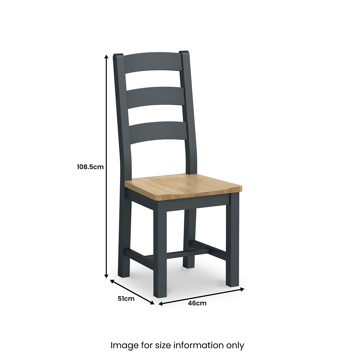 A wooden chair with a natural seat and grey frame, measuring 108.5cm tall, 51cm deep, and 46cm wide, labeled for size information.