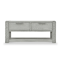 A light grey wooden bench with two drawers and horizontal metal handles, against a white background.