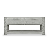 A light grey wooden bench with two drawers and horizontal metal handles, against a white background.