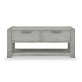 A wooden coffee table with two drawers and a lower shelf, featuring a light gray wood grain finish, presented against a white background.