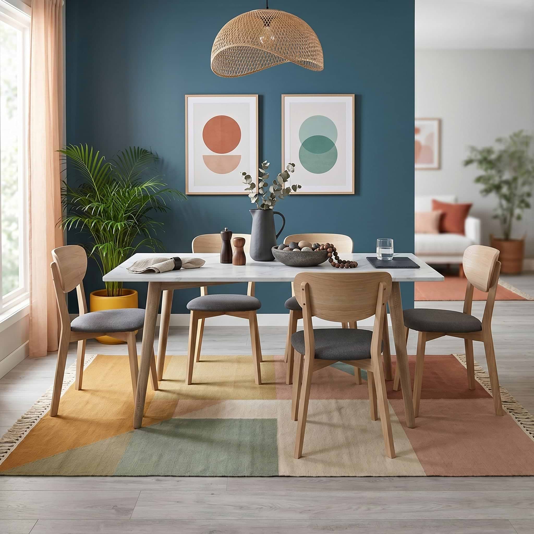 Jakob Oak Rectangular Dining Table with Quartz Stone Marble Effect Top