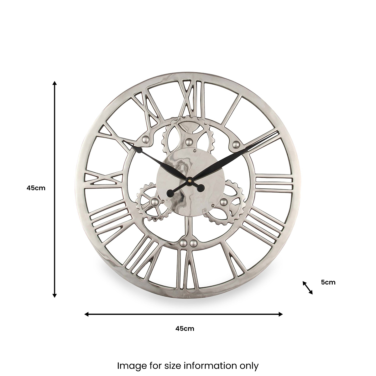 Shiny Nickel Cog Design Round Wall Clock Small from Roseland Furniture