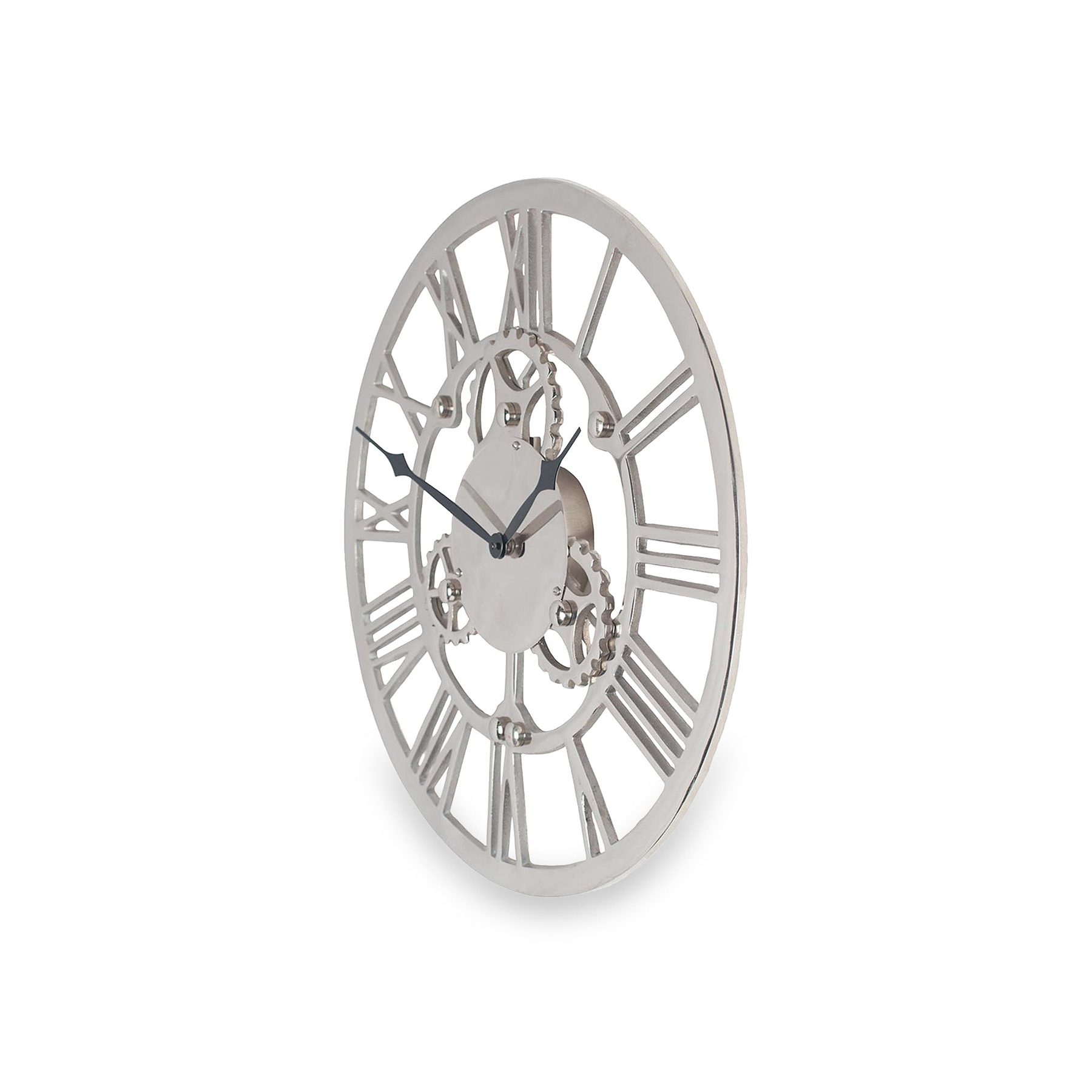 Shiny Nickel Cog Design Round Wall Clock Small from Roseland Furniture