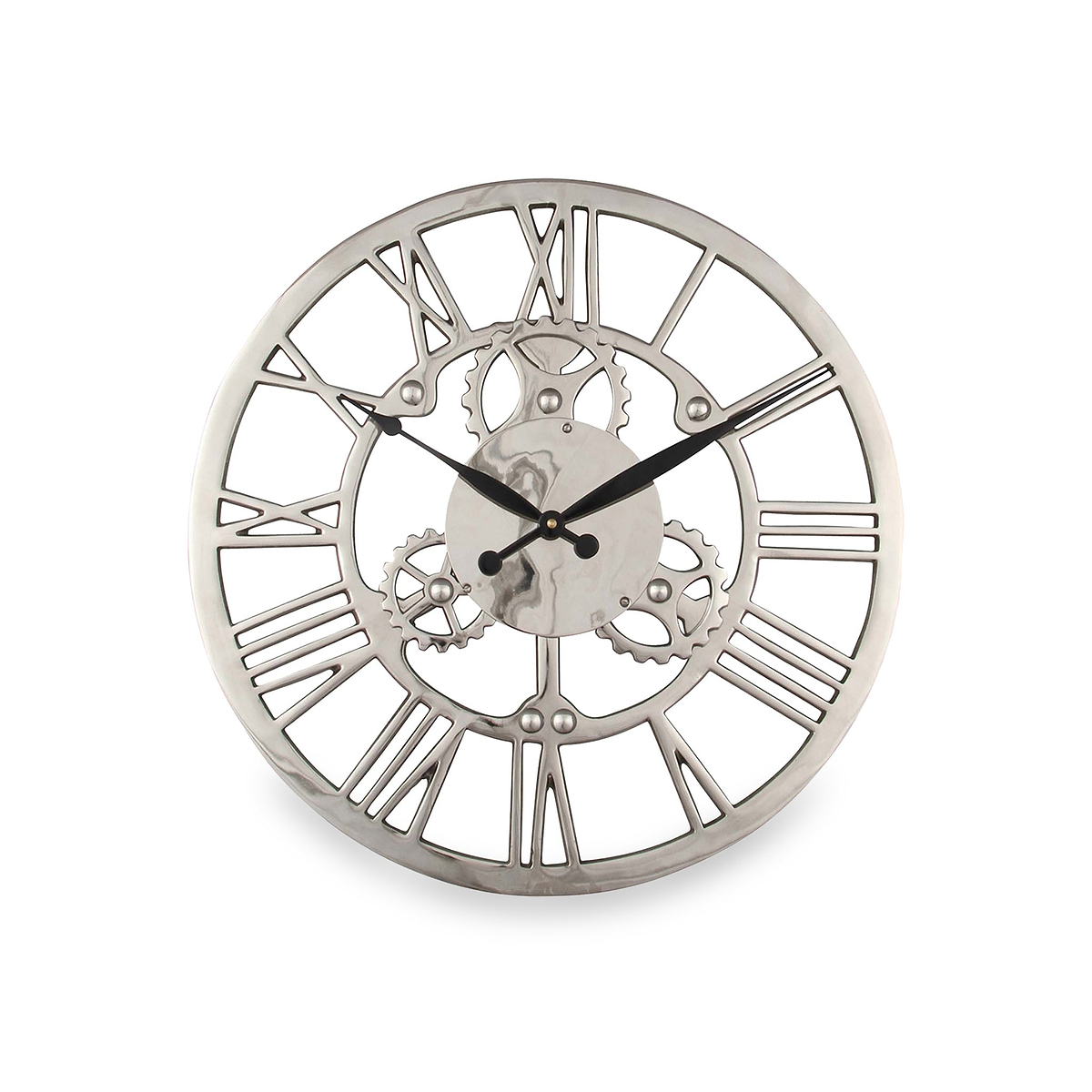 Shiny Nickel Cog Design Round Wall Clock Small from Roseland Furniture
