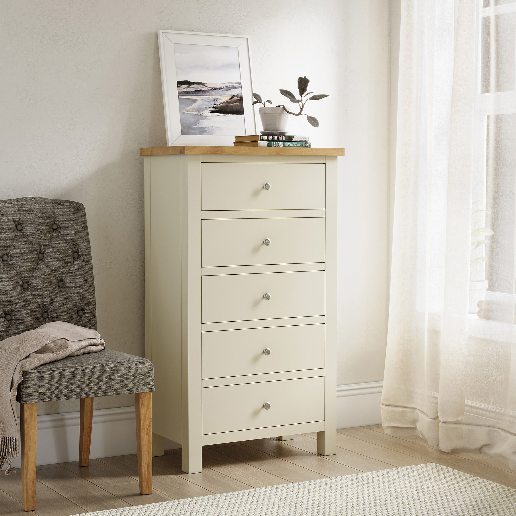 Farrow Cream XL 5 Drawer Tallboy Chest for bedroom