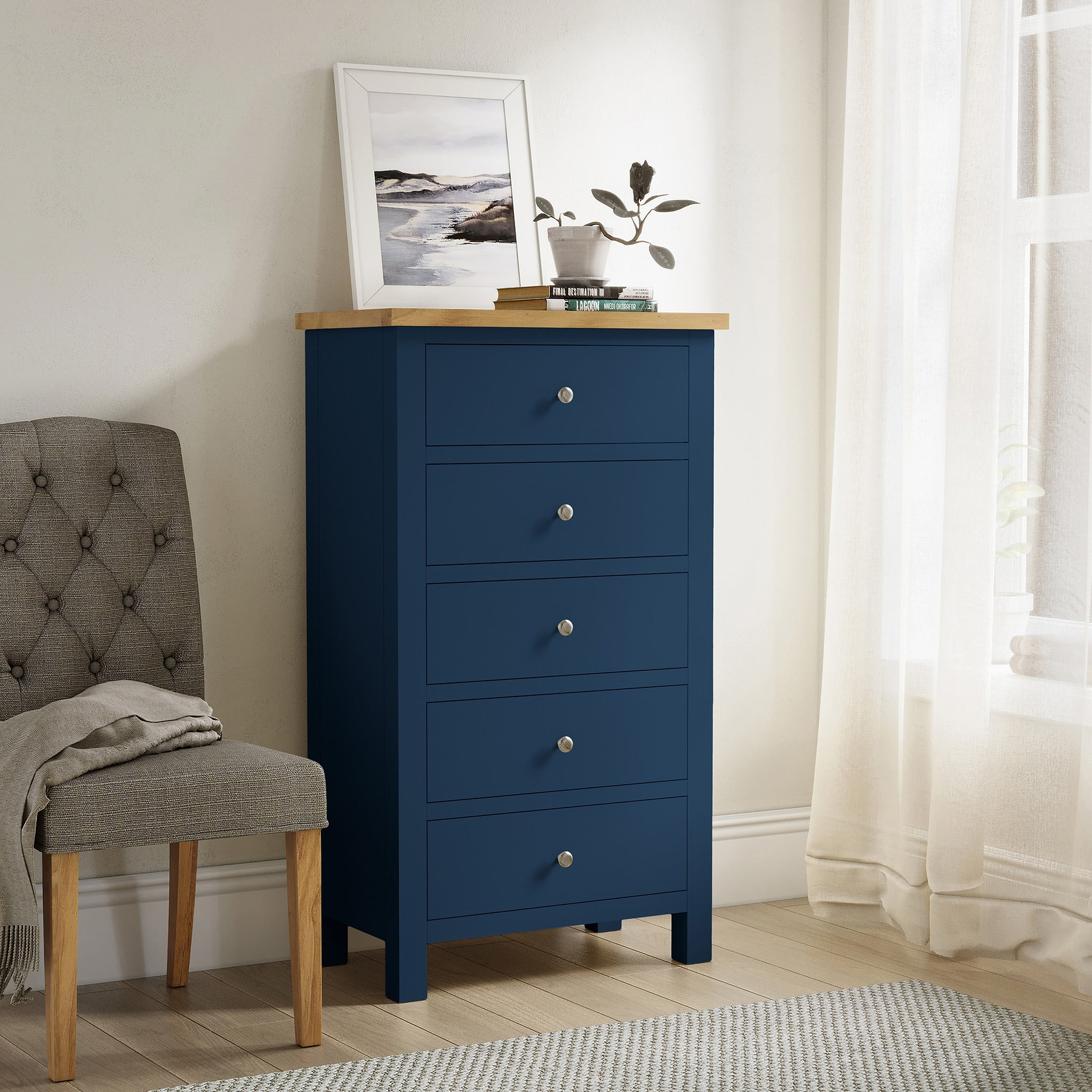 Farrow Navy Blue XL 5 Drawer Tallboy Chest for bedroom