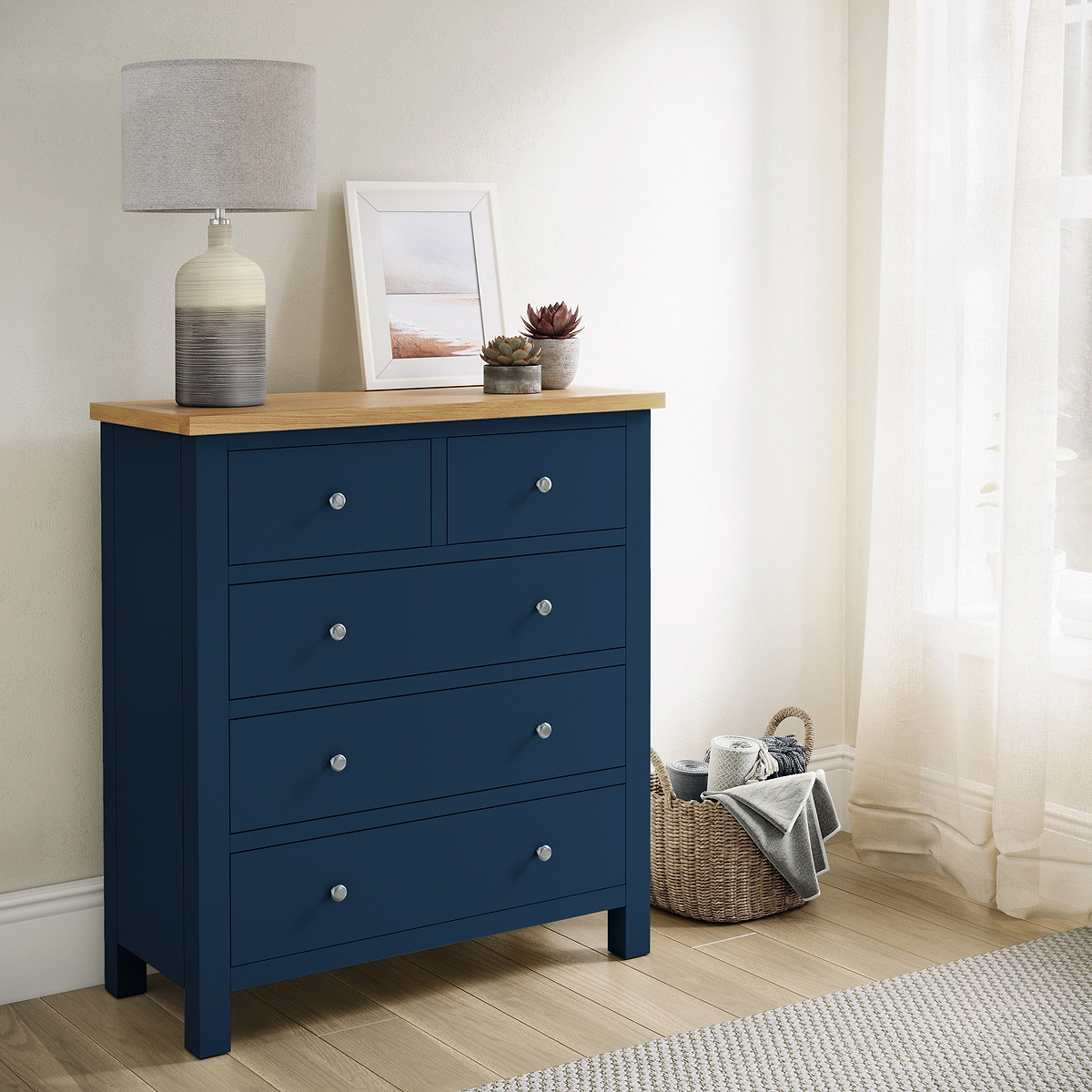Farrow XL Navy 2 Over 3 Chest Of Drawers from Roseland Furniture - Lifestyle Shot