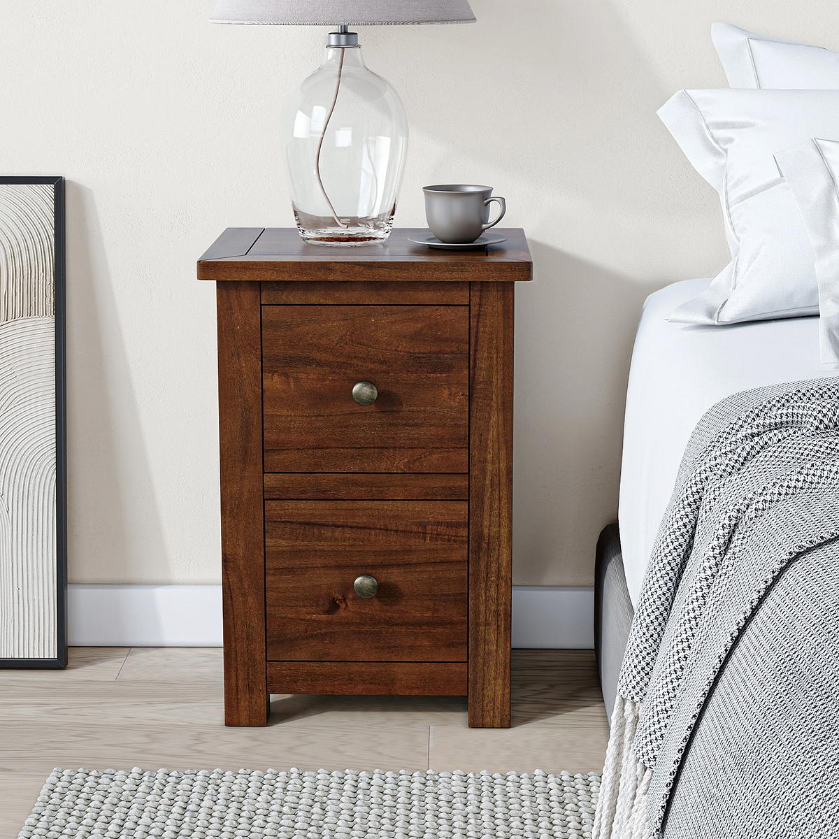 Duchy Acacia Slim 2 Drawer Brown Bedside Table for bedroom