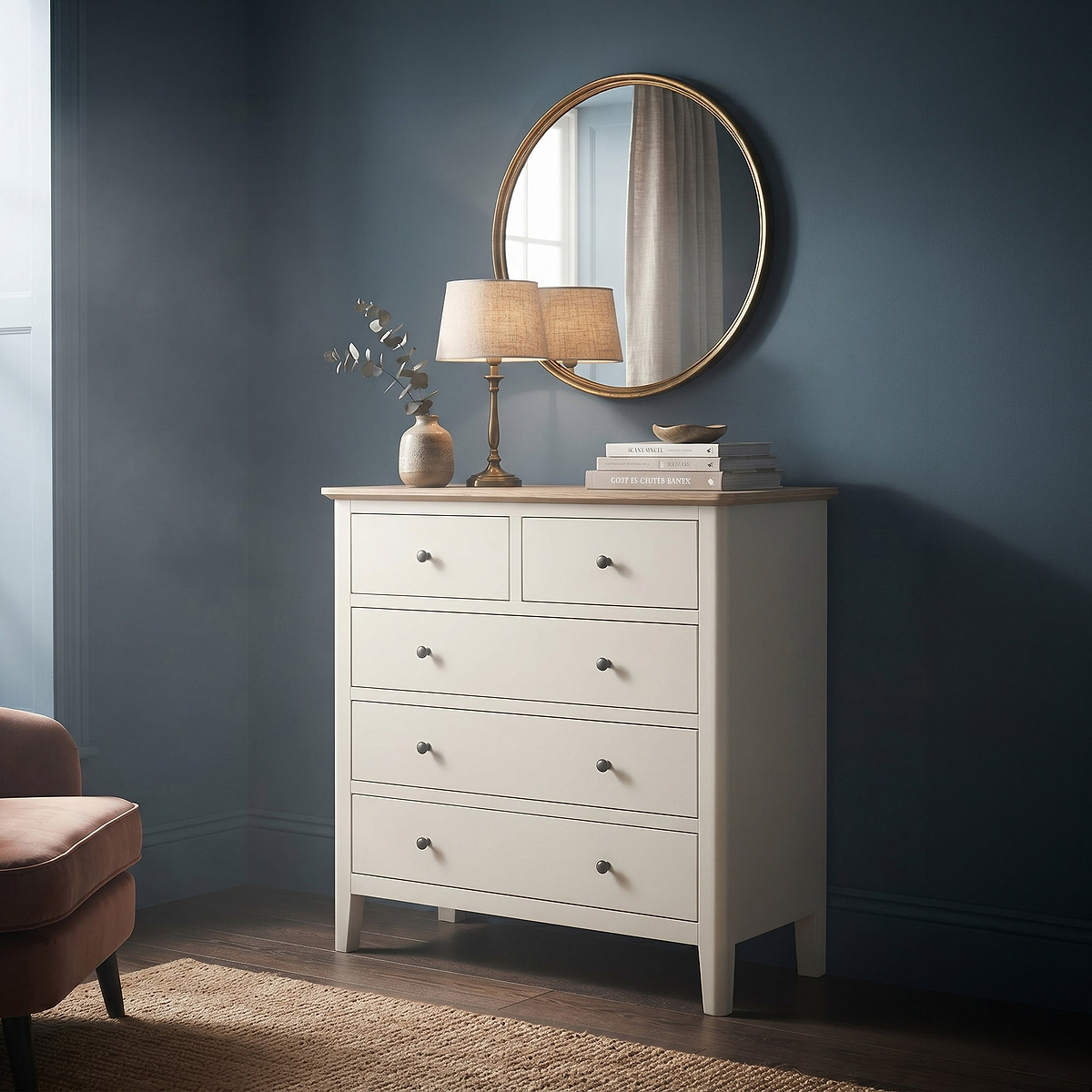 Penrose Coconut White 2 Over 3 Chest with metal handles from Roseland Furniture