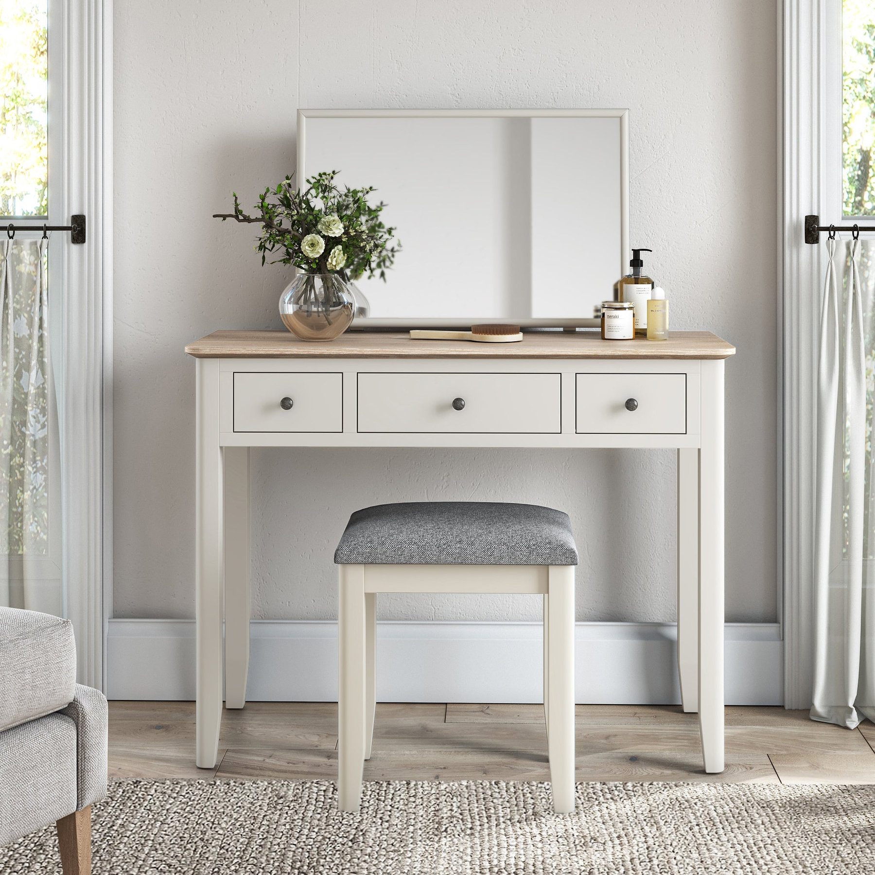Penrose Dressing Table Set with Stool & Mirror | Navy / Coconut White