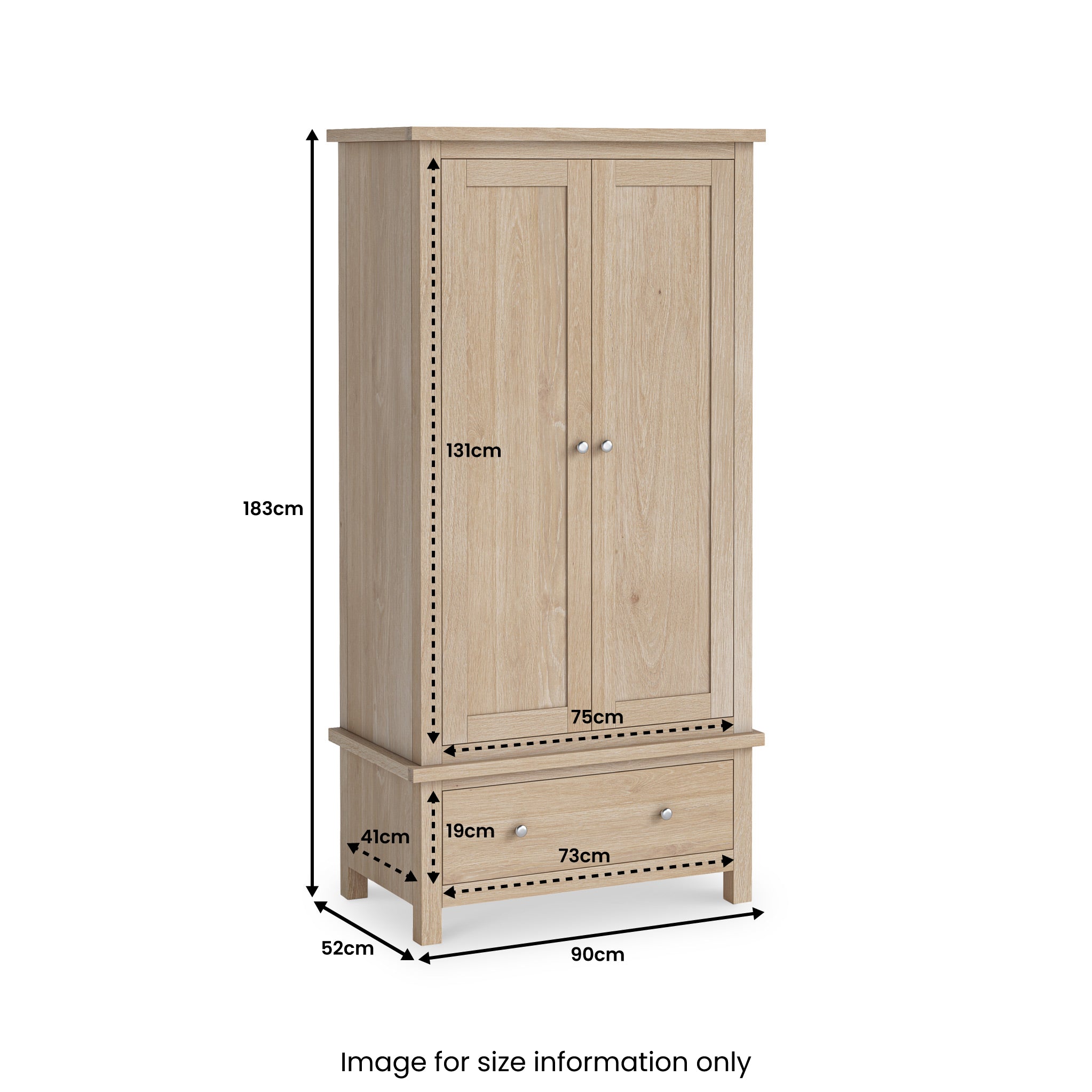 Farrow Washed Oak Double Wardrobe with Drawer | Roseland Furniture