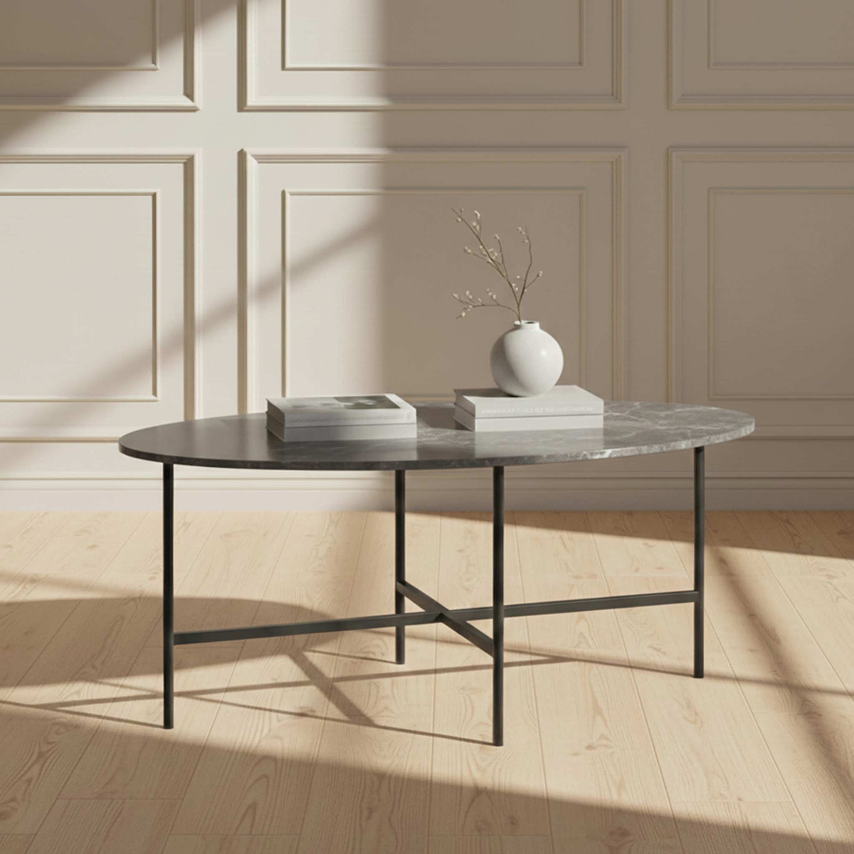 Pimlico-grey-marble-grey-frame-oval-coffee-table from Roseland Furniture
