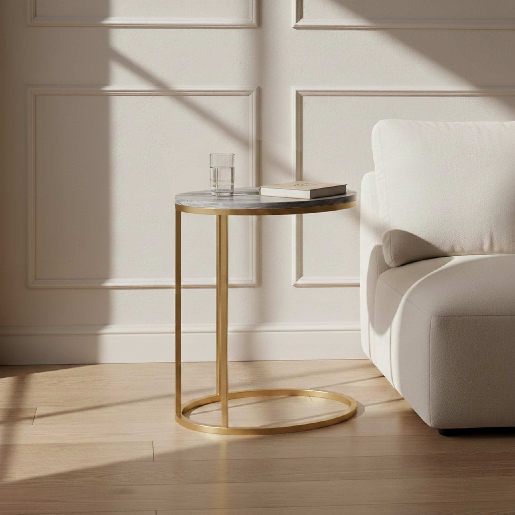 Pimlico-grey-marble-gold-frame-oval-c-side-table  from Roseland Furniture