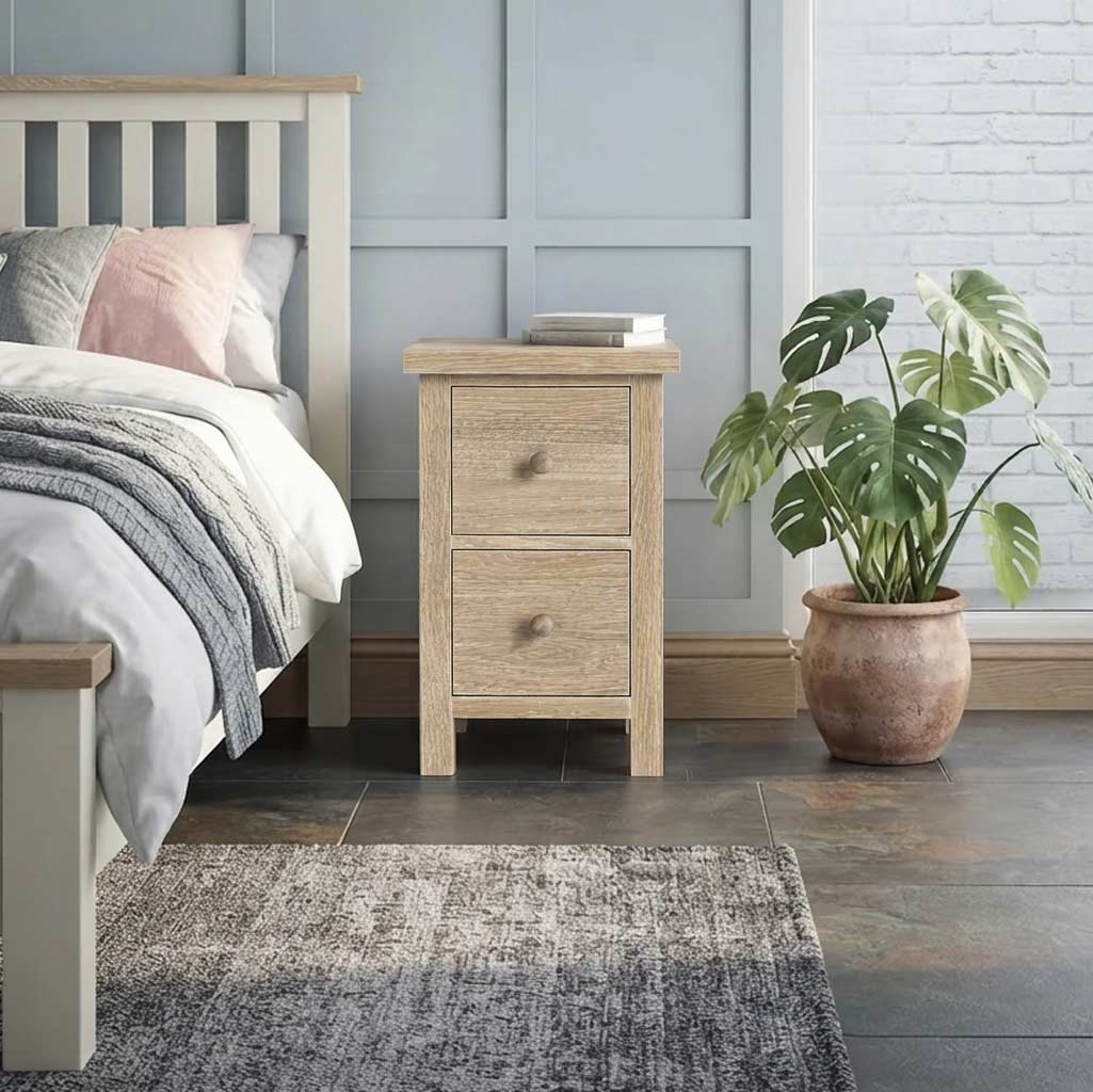 Trelan-Oak-2-Drawer-Slim-Bedside-Table-Cabinet from Roseland Furniture