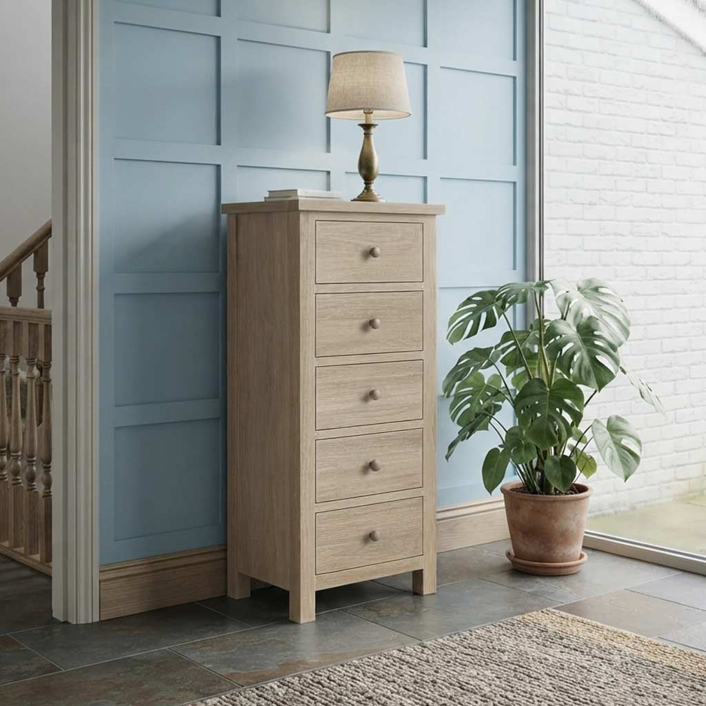 Trelan-Oak-5-Drawer-Tallboy-Chest from Roseland Furniture