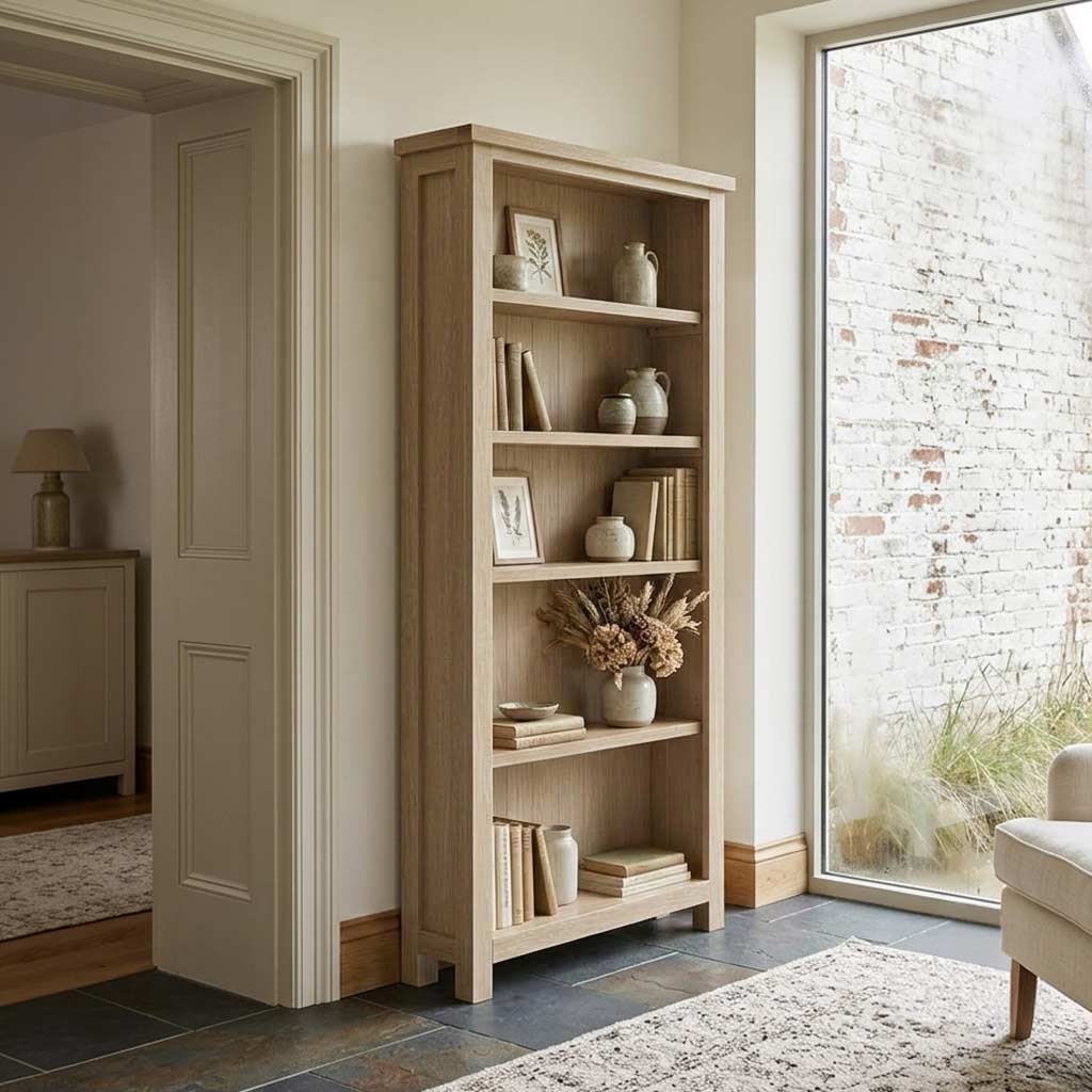 Trelan oak large bookcase from Roseland Furniture