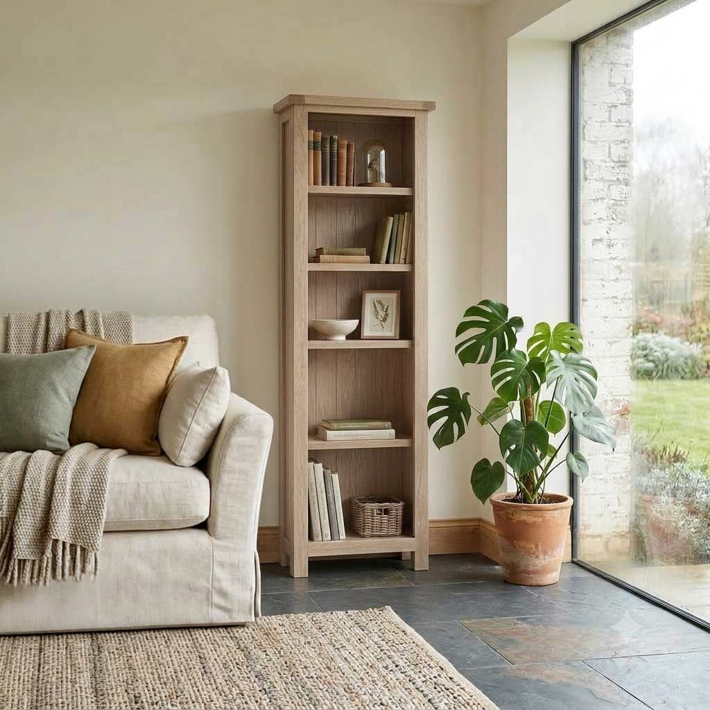 Trelan-Oak-Slim-Bookcase from Roseland Furniture