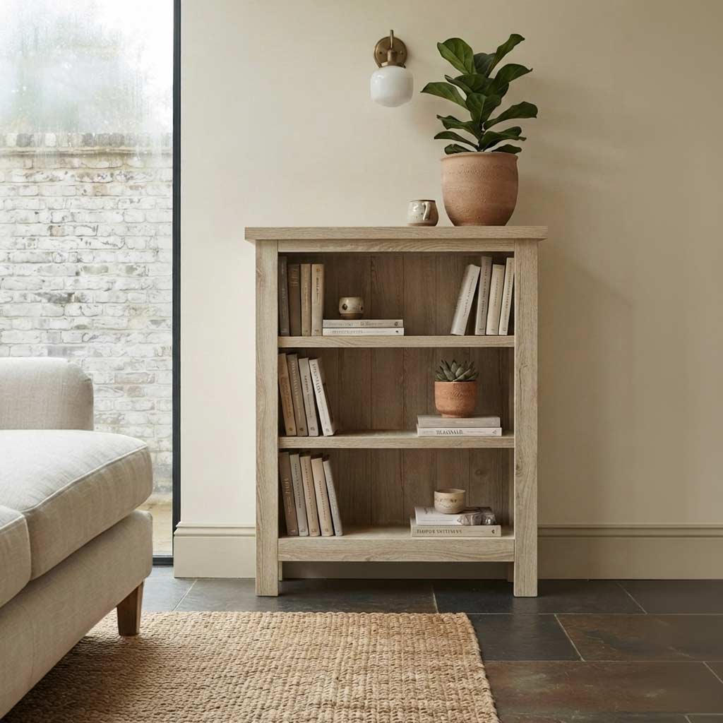 Trelan-Oak-Low-Bookcase from Roseland Furniture