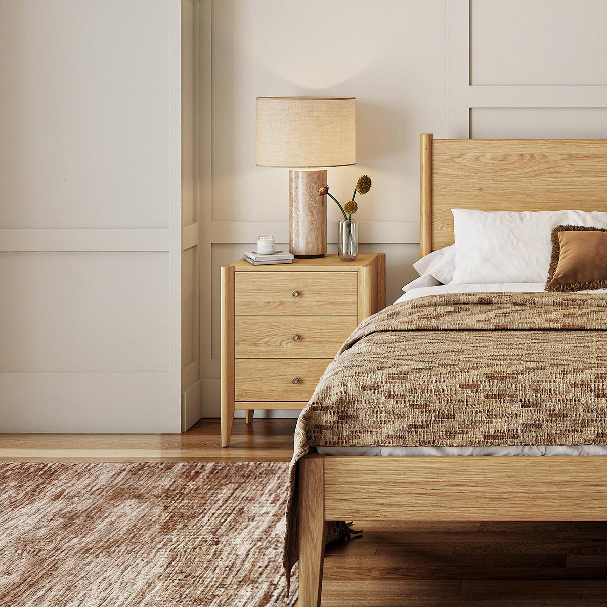 Cavell Oak Natural 3 Drawer Bedside Table Lifestyle