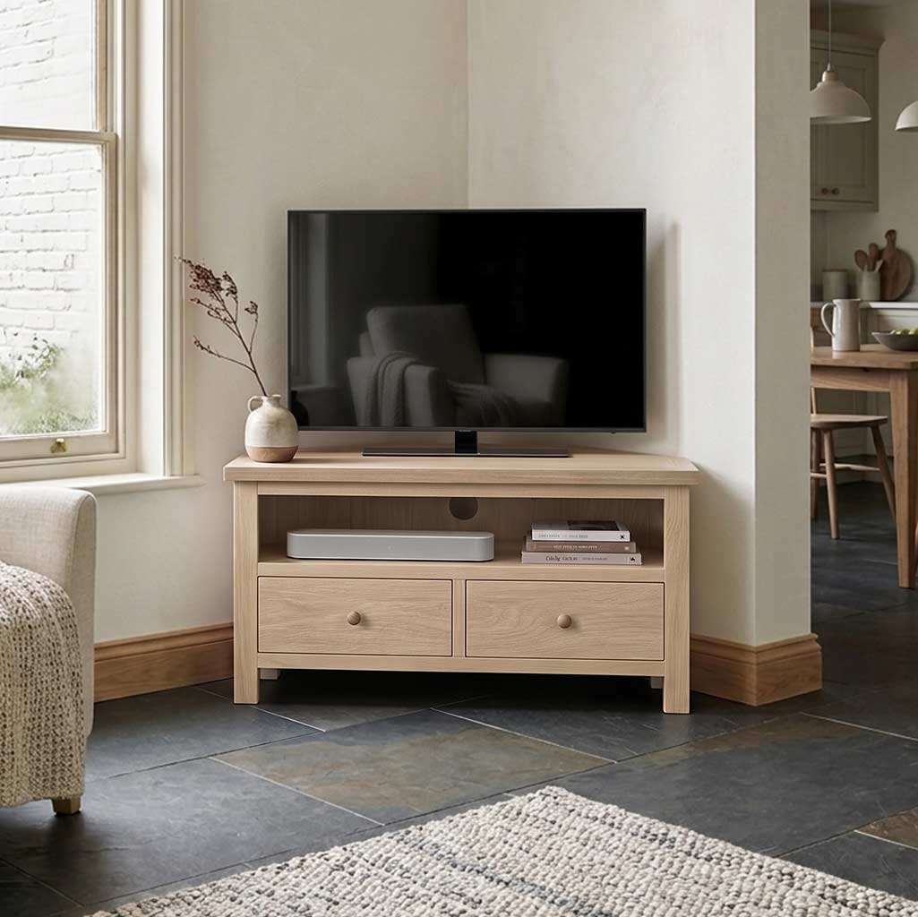 Trelan Washed Oak 2 Drawer Corner TV Unit from Roseland Furniture