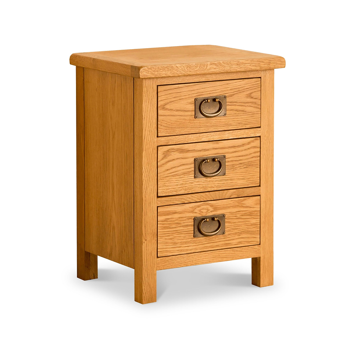 A wooden three-drawer bedside table with round metal handles, set against a white background.