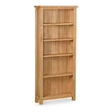 Tall, light oak bookcase with five shelves.