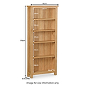 Oak bookcase with five shelves; dimensions shown.