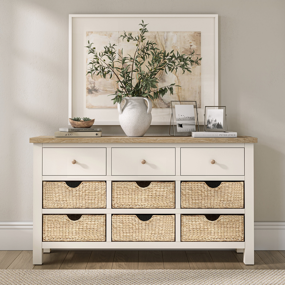 Farrow Basket 9 Drawer Chest from Roseland Furniture decorated with books pictures and vases